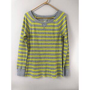 Old Navy Womens Y2K Striped Waffle Knit Thermal Top L Gray Yellow Preppy Classic